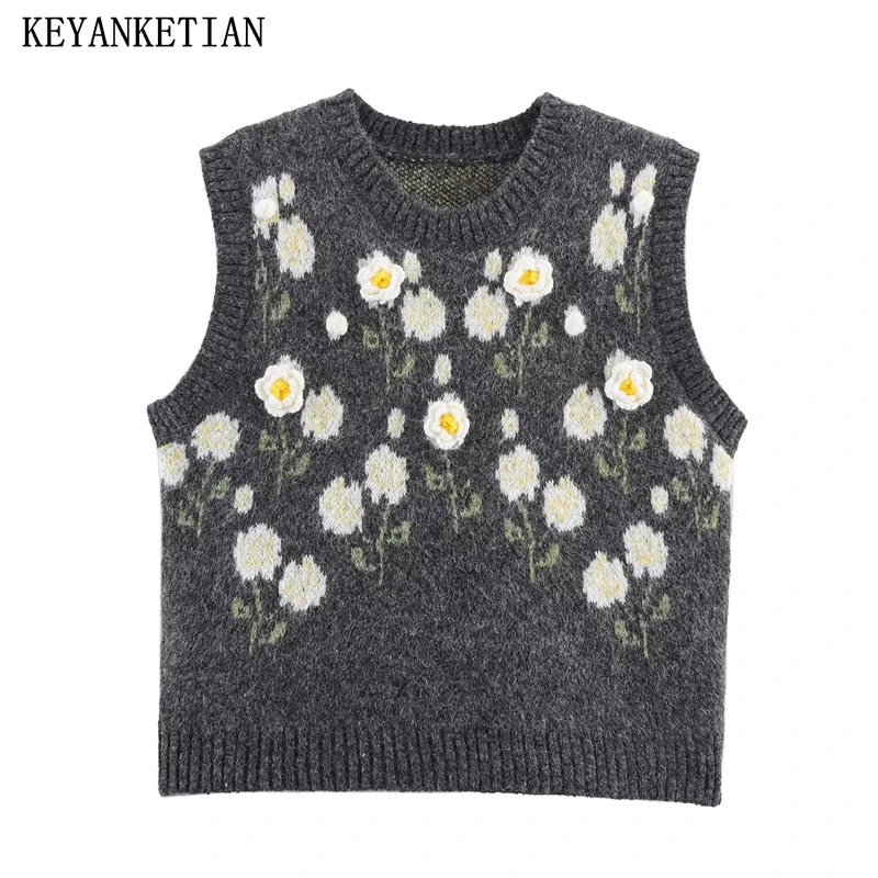 KEYANKETIAN осенний новый женский жаккардовый вязаный жилет без рукавов с круглым вырезом и трехмерным цветком, женский свитер, жилет
KEYANKETIAN осенний новый женский жаккардовый вязаный жилет без рукавов с круглым вырезом и трехмерным цветком, женский свитер, жилет
