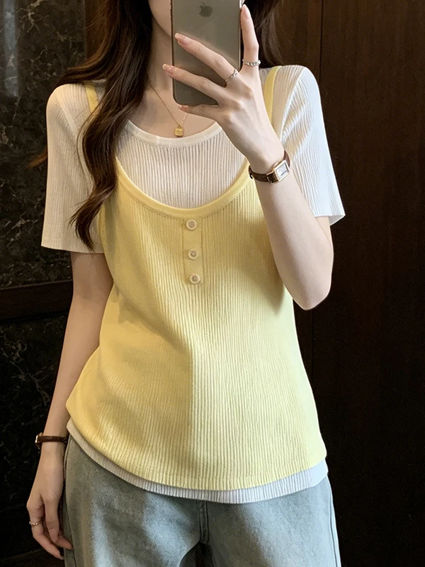 Summer Women's Ice Silk T-Shirt Short Sleeve Splice Color Block Fashionable Fat MM Mock Two-Piece Strap Top Breathable Skin-F...
Summer Women's Ice Silk T-Shirt Short Sleeve Splice Color Block Fashionable Fat MM Mock Two-Piece Strap Top Breathable Skin-F...