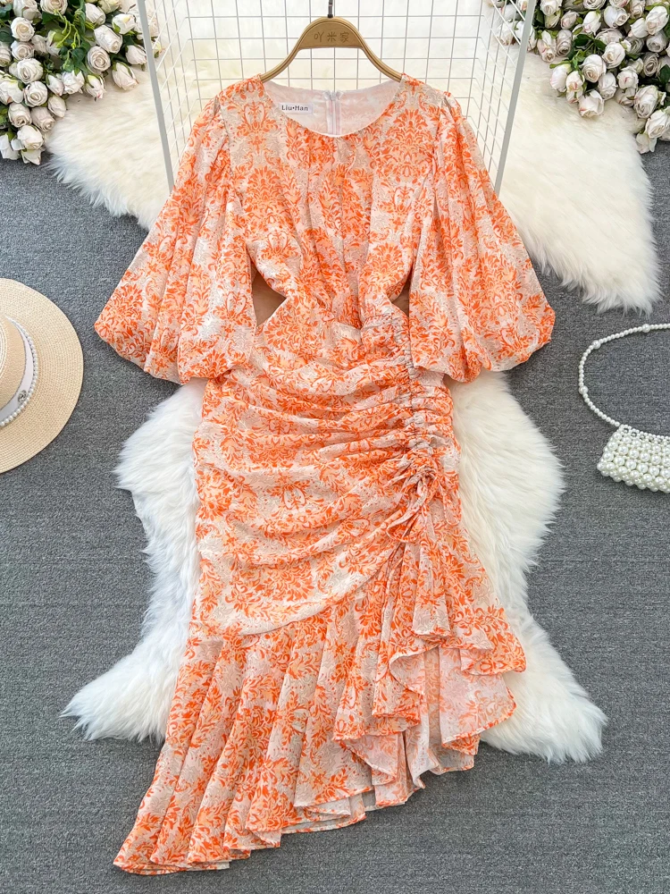 Summer Women's Dovetail Dress with Bubble Short Sleeves Round Neck Waist Cinched Long Style Wrapped Buttocks Floral Dress C132
Summer Women's Dovetail Dress with Bubble Short Sleeves Round Neck Waist Cinched Long Style Wrapped Buttocks Floral Dress C132