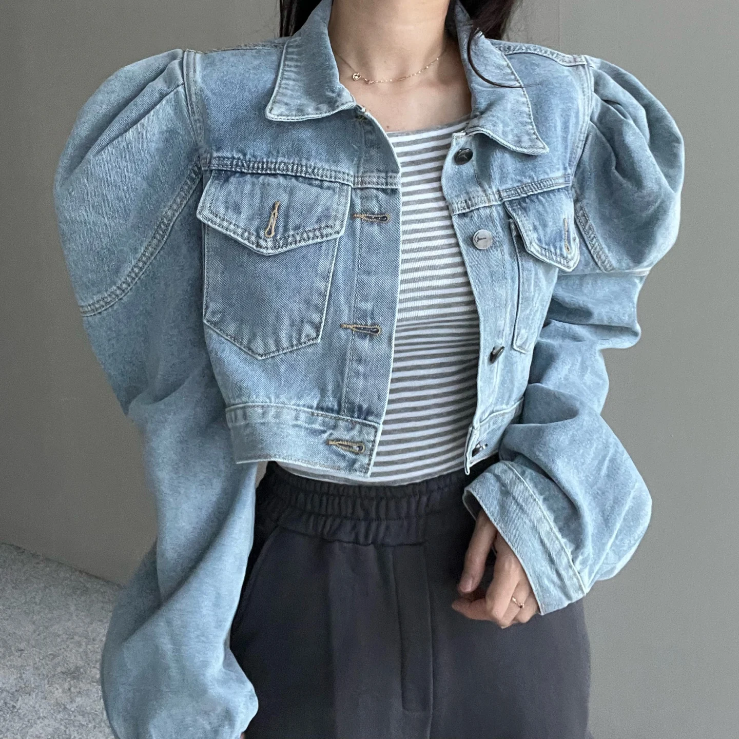 Street Style Pleated Bubble Sleeve Single Button Denim Jacket Women's Loose Fit Cotton Jeans Fabric Long Sleeve Coat
Street Style Pleated Bubble Sleeve Single Button Denim Jacket Women's Loose Fit Cotton Jeans Fabric Long Sleeve Coat