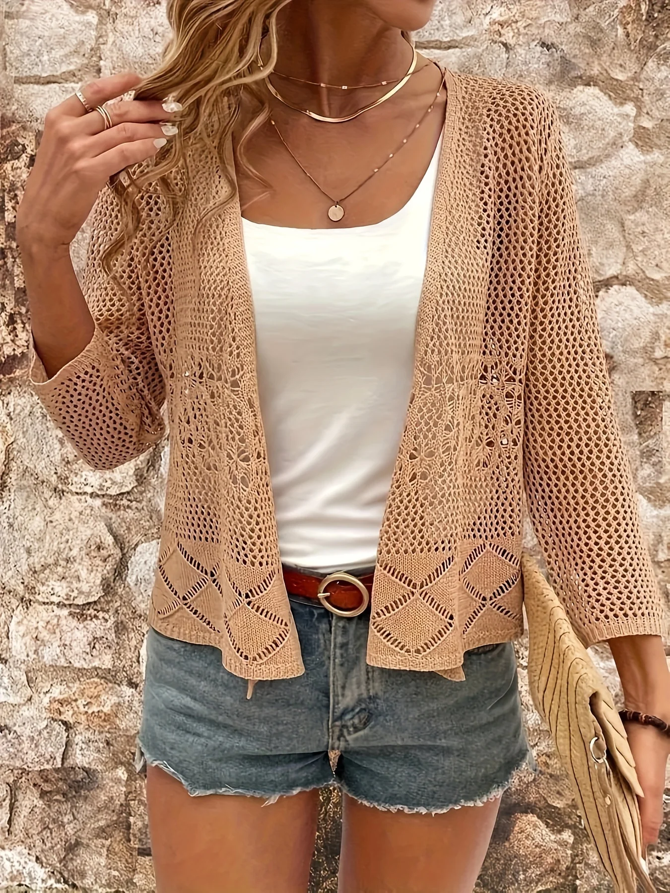Solid Color Open Front Knit Cardigan, Elegant Eyelet 3/4 Sleeve Coverup For Spring & Summer, Women's Clothing
Solid Color Open Front Knit Cardigan, Elegant Eyelet 3/4 Sleeve Coverup For Spring & Summer, Women's Clothing