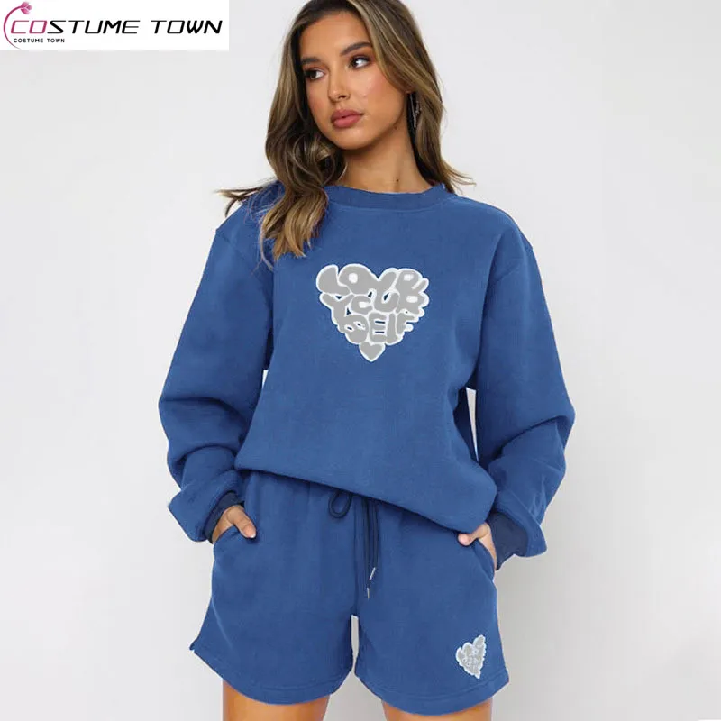 European and American style autumn and winter casual round neck printed letter peach heart long sleeved top+shorts two-piece set
European and American style autumn and winter casual round neck printed letter peach heart long sleeved top+shorts two-piece set
