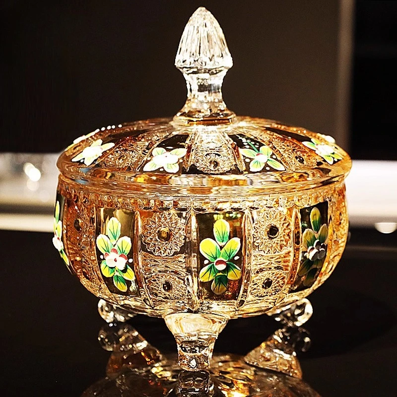 enamel gold-plated crystal glass, coffee table with lid, dried fruit candy box, jar snack fruit plate, cup ornament 
enamel gold-plated crystal glass, coffee table with lid, dried fruit candy box, jar snack fruit plate, cup ornament