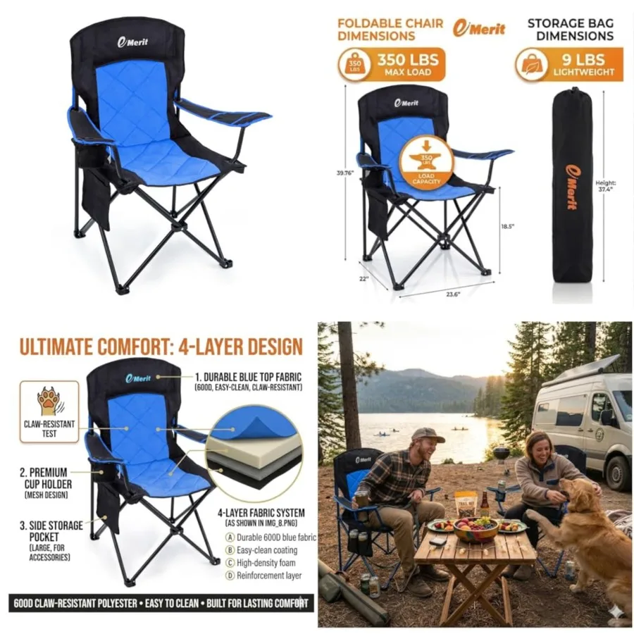 Oversized Padded Camping Chair, 350LB Heavy Duty Quad Fold Chair with Arms, Collapsible Outdoor Chairs with Lumbar Back and Cup
Oversized Padded Camping Chair, 350LB Heavy Duty Quad Fold Chair with Arms, Collapsible Outdoor Chairs with Lumbar Back and Cup