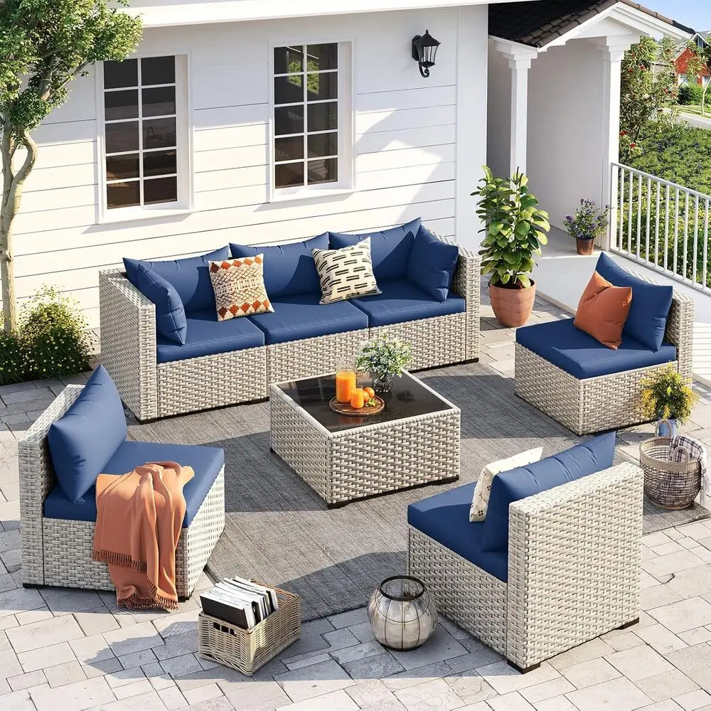 7-Piece Blue PE Wicker Outdoor Sectional Sofa Set with Tea Table for Patio, Garden, Backyard
7-Piece Blue PE Wicker Outdoor Sectional Sofa Set with Tea Table for Patio, Garden, Backyard