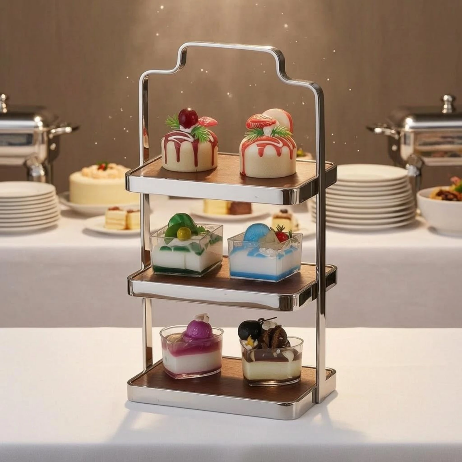 Three-Tier Dessert Stand Stable-Looking Wood-Tone Dessert Tray Stand Tiered Serving Tray Modern Design Tableware
Three-Tier Dessert Stand Stable-Looking Wood-Tone Dessert Tray Stand Tiered Serving Tray Modern Design Tableware