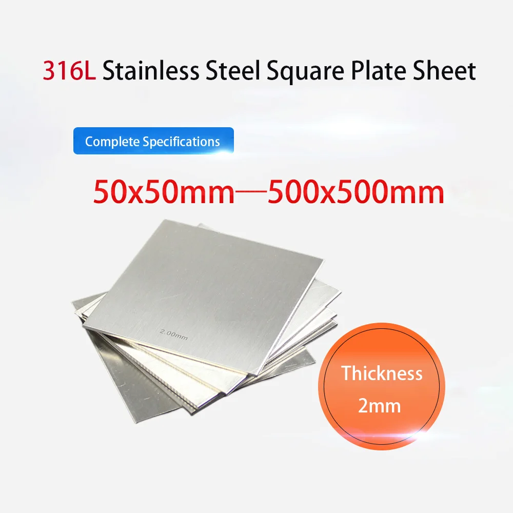 Thickness 2mm 316L Stainless Steel Square Plate Sheet 50x50 100x50 100x100 150x150 200x100 200x200 250x250 300x300 400x300mm
Thickness 2mm 316L Stainless Steel Square Plate Sheet 50x50 100x50 100x100 150x150 200x100 200x200 250x250 300x300 400x300mm