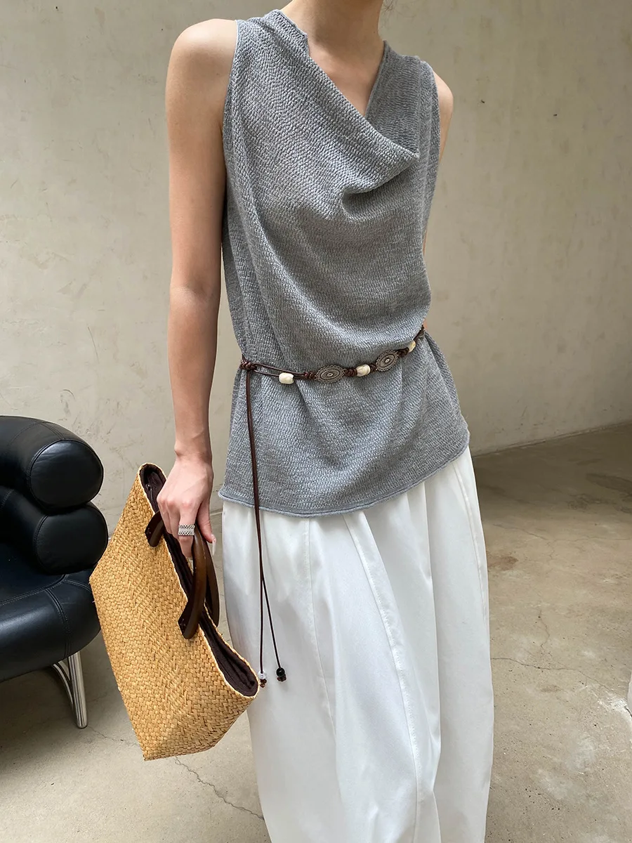 Summer women's casual solid color Bohemian waist belt swing collar sleeveless knitted vest
Summer women's casual solid color Bohemian waist belt swing collar sleeveless knitted vest