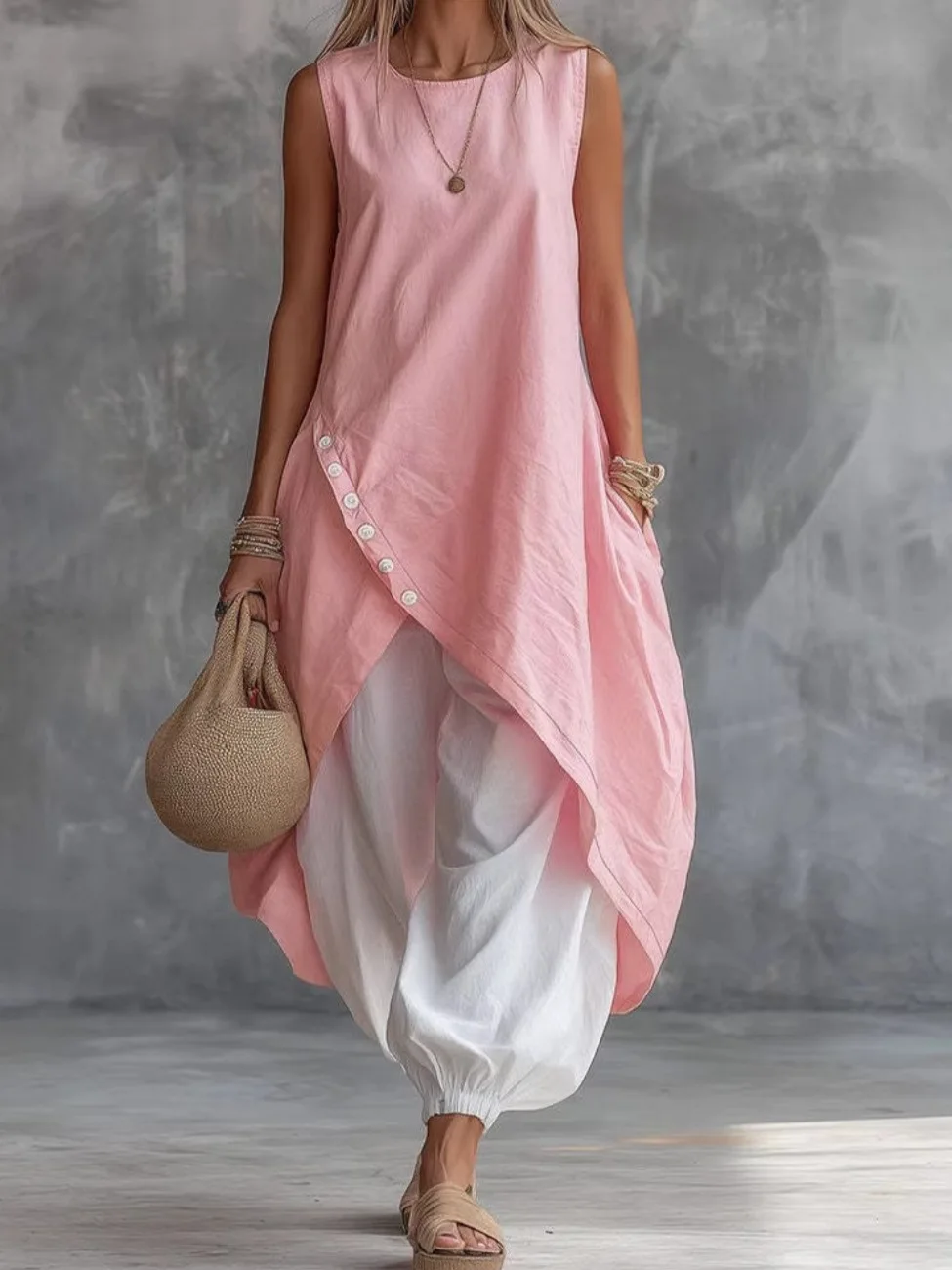 Casual Loose Skirt Suit Vacation Style Simple Solid Color O-neck Sleeveless Irregular Long Shirt Dress Harem Pants Two-piece Set
Casual Loose Skirt Suit Vacation Style Simple Solid Color O-neck Sleeveless Irregular Long Shirt Dress Harem Pants Two-piece Set