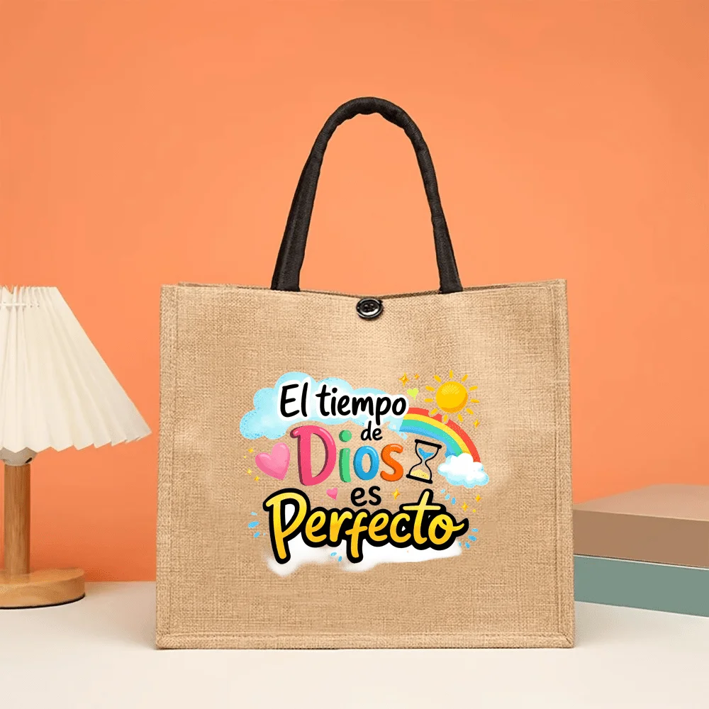 Spanish "God's Timing Is Perfect" Rainbow Cloud Sun Print Linen Tote Bag, Whimsical Style Women's Tote, Portable Shopping Bag,
Spanish "God's Timing Is Perfect" Rainbow Cloud Sun Print Linen Tote Bag, Whimsical Style Women's Tote, Portable Shopping Bag,
