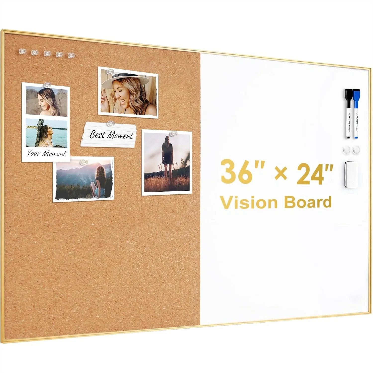 Cork Board White Board Combo 36x24 Inch Gold Frame, Magnetic Dry Erase & Bulletin Board for Wall, Home Office School
Cork Board White Board Combo 36x24 Inch Gold Frame, Magnetic Dry Erase & Bulletin Board for Wall, Home Office School