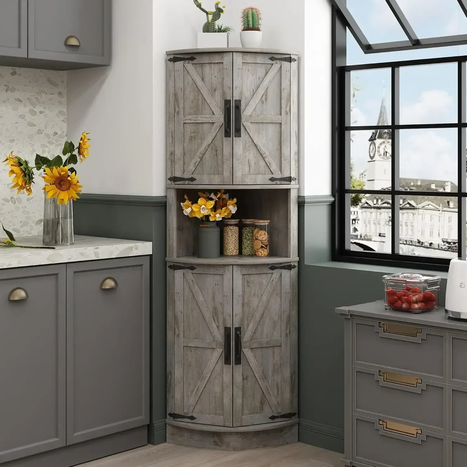 Tall Farmhouse Corner Cabinet with 4 Doors and 5 Storage Shelves Farmhouse Storage Cabinet with Barn Door Design Home Space
Tall Farmhouse Corner Cabinet with 4 Doors and 5 Storage Shelves Farmhouse Storage Cabinet with Barn Door Design Home Space
