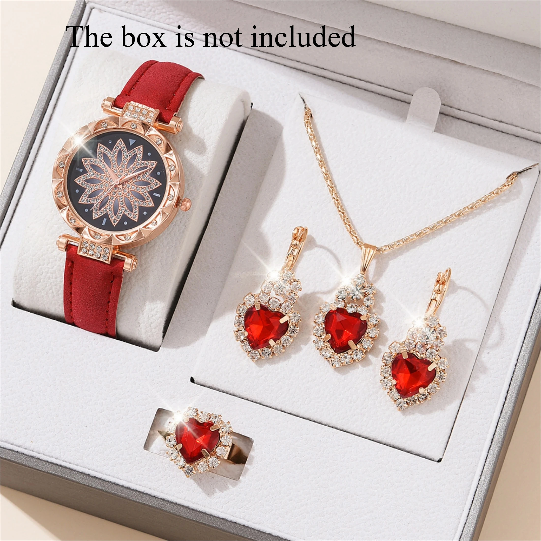 5pcs/set Women's Watch Set 1pcs Red Crystal Quartz Women's Watch 1pcs Necklace 1pcs Ring 2pcs Earrings Fashionable Elegant A4354
5pcs/set Women's Watch Set 1pcs Red Crystal Quartz Women's Watch 1pcs Necklace 1pcs Ring 2pcs Earrings Fashionable Elegant A4354