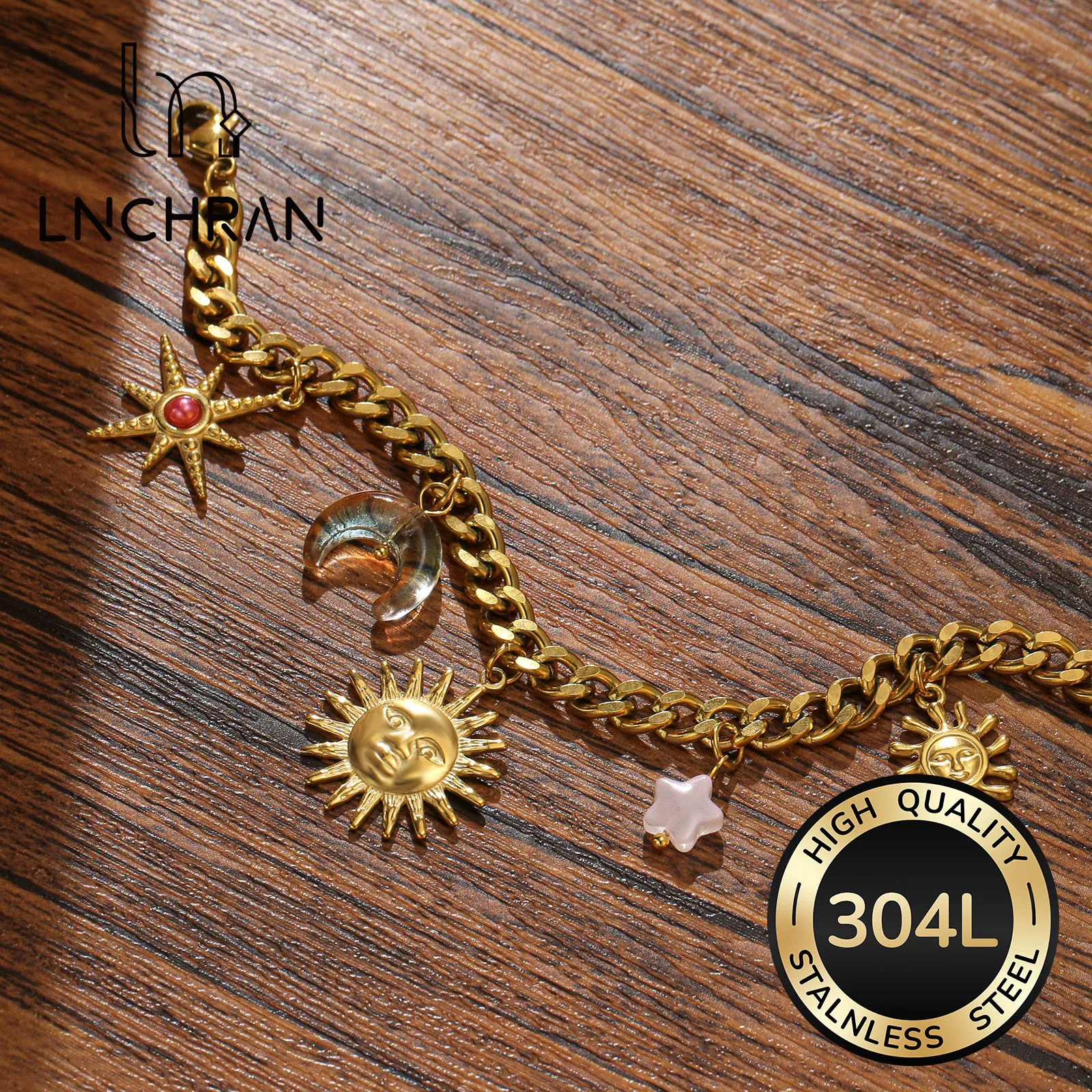 Golden Stainless Steel Sun Moon Charm Bracelet with Crystal Beads for Women
Golden Stainless Steel Sun Moon Charm Bracelet with Crystal Beads for Women