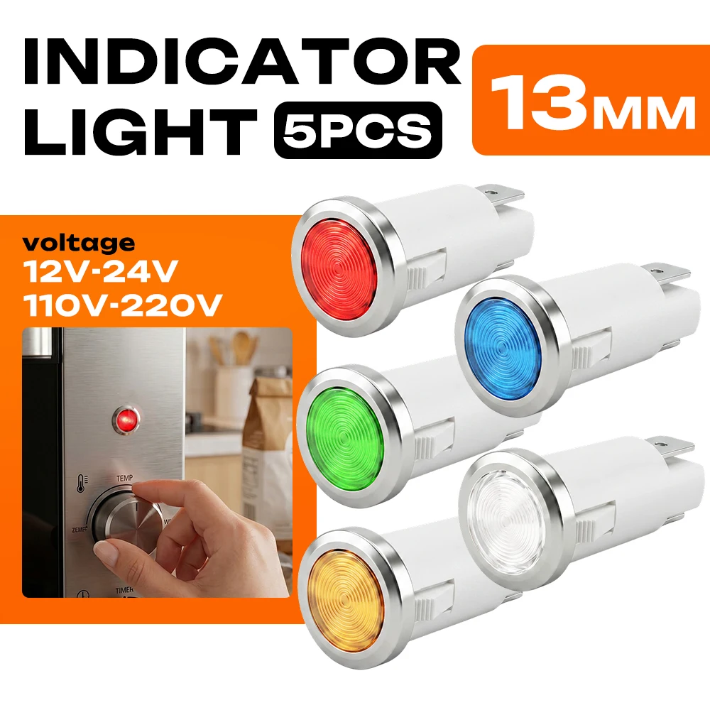 5Pcs FILN 13mm LED Indicator Light 12V 24V 110V 220V 2-Pin PA66 Waterproof Motorcycle Marine Dash Pilot Signal Lamp for Oven
5Pcs FILN 13mm LED Indicator Light 12V 24V 110V 220V 2-Pin PA66 Waterproof Motorcycle Marine Dash Pilot Signal Lamp for Oven
