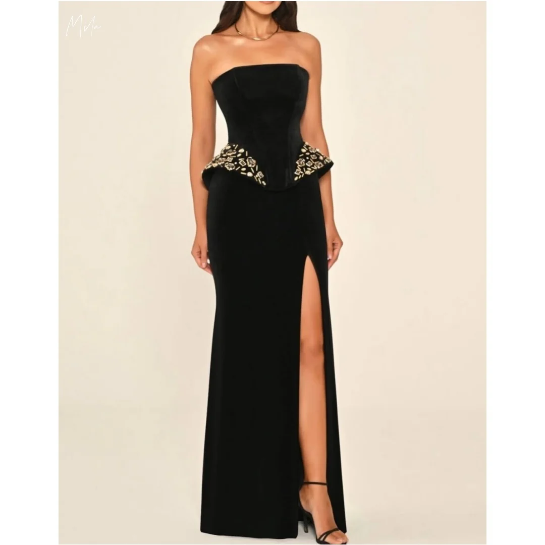 Мила, черные бархатные платья для выпускного вечера без бретелек, золотые цветочные платья по индивидуальному заказу, вечернее платье русалки с высоким разрезом длиной до пола, платья de gala
Мила, черные бархатные платья для выпускного вечера без бретелек, золотые цветочные платья по индивидуальному заказу, вечернее платье русалки с высоким разрезом длиной до пола, платья de gala