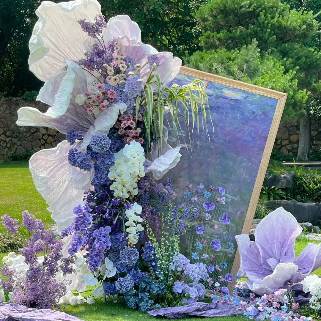 Purple and blue floral backdrop arrangement with artificial flowers for weddings and celebrations
Purple and blue floral backdrop arrangement with artificial flowers for weddings and celebrations