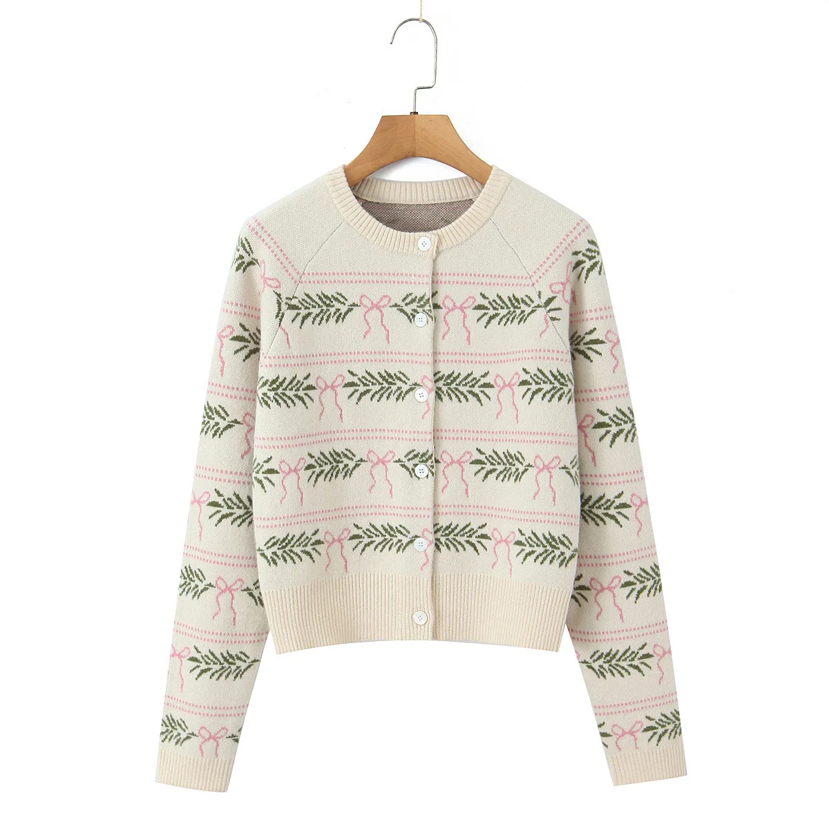 Round Neck Bow Leaf Jacquard Knit Cardigan Single Breasted Button Long Sleeve Cropped Women Sweater Coat Valentine Gift 260602
Round Neck Bow Leaf Jacquard Knit Cardigan Single Breasted Button Long Sleeve Cropped Women Sweater Coat Valentine Gift 260602