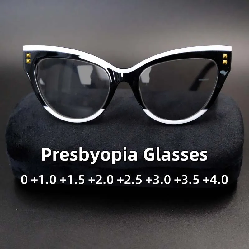 Women's Retro Cat Eye Studded Presbyopia Sunglasses Fashion Color Blocking Anti UV and Anti Blue Light Glasses Diopter To +4.0
Women's Retro Cat Eye Studded Presbyopia Sunglasses Fashion Color Blocking Anti UV and Anti Blue Light Glasses Diopter To +4.0