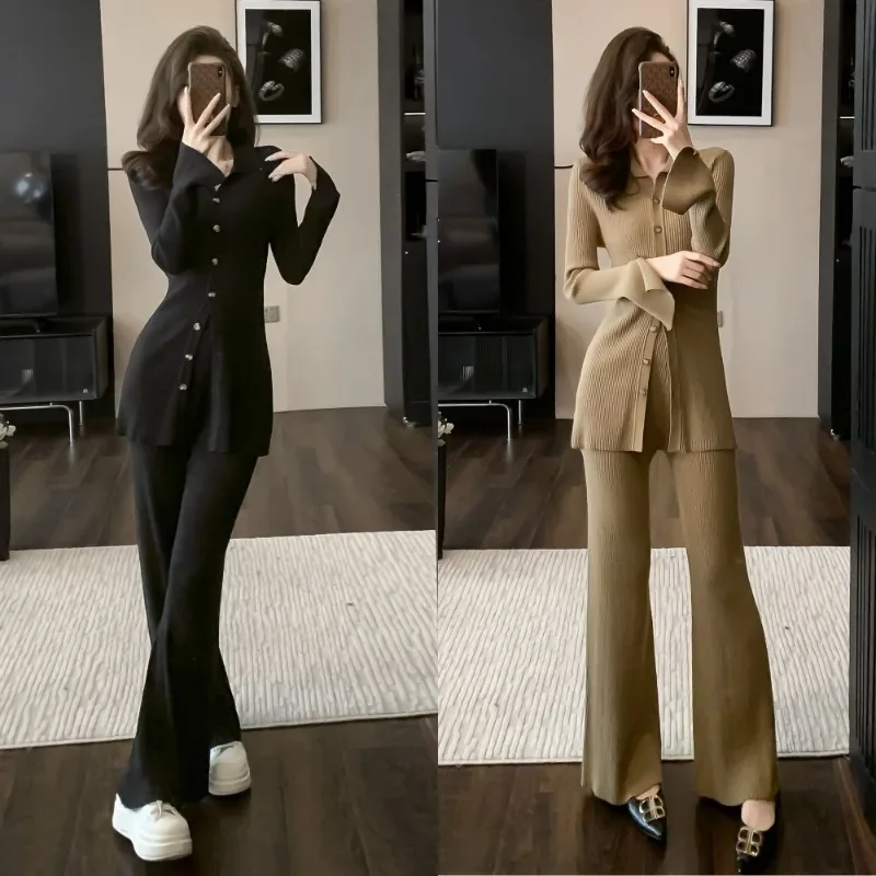 Sweet Hot Girl Suit Women's Autumn/Winter Turn-down Collar Slim Knitted Top Loose Wide-leg Pants Two-piece Set Female Clothes
Sweet Hot Girl Suit Women's Autumn/Winter Turn-down Collar Slim Knitted Top Loose Wide-leg Pants Two-piece Set Female Clothes