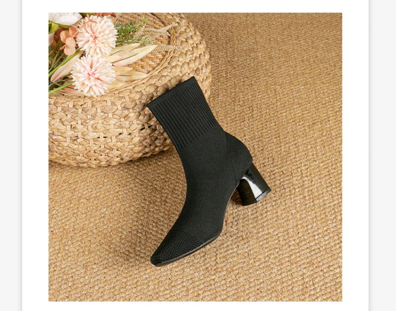 Black Square Toe Knit Sock Boots Elastic Slim Thick Block Heel High Heels Short Boots Fashion Autumn Casual Skinny Ankle Boots 21 S38c52da454e5419a8cbb5042573471d6T