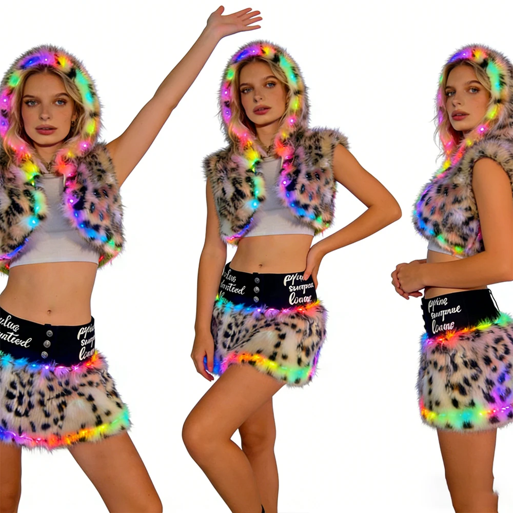 Fluffy LED Light Up 2 Piece Outfit for Women Sleeveless Crop Jacket Low Rise Skirt Set Sexy Party Clubwear
Fluffy LED Light Up 2 Piece Outfit for Women Sleeveless Crop Jacket Low Rise Skirt Set Sexy Party Clubwear
