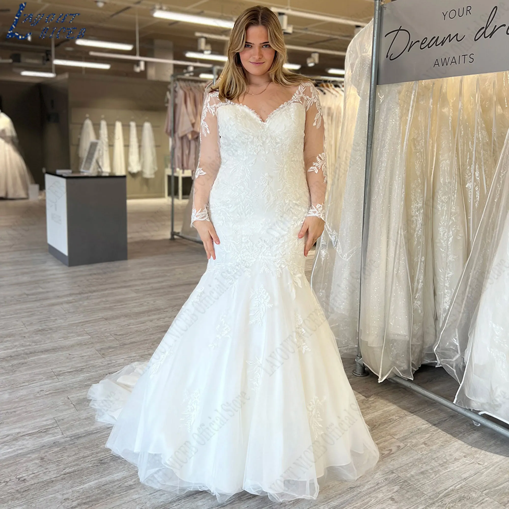 LAYOUT NICEB Mermaid Tulle Wedding Dresses Full Appliques Sleeves Bride Gown V-Neck Plus Size Buttons robe de mariée 2024 Custom
LAYOUT NICEB Mermaid Tulle Wedding Dresses Full Appliques Sleeves Bride Gown V-Neck Plus Size Buttons robe de mariée 2024 Custom
