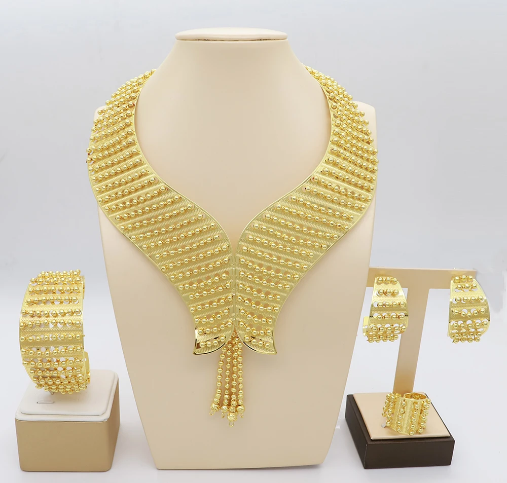 Gold Plated Bold Flower Necklace Bracelet Women Luxury Jewelry Set Fashion Big Earrings Ring Party Wedding Bijoux
Gold Plated Bold Flower Necklace Bracelet Women Luxury Jewelry Set Fashion Big Earrings Ring Party Wedding Bijoux