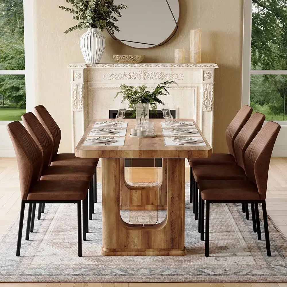 Rustic Brown 6-Piece Dining Set with Pedestal Legs and Cushioned Chairs, Easy Assembly
Rustic Brown 6-Piece Dining Set with Pedestal Legs and Cushioned Chairs, Easy Assembly