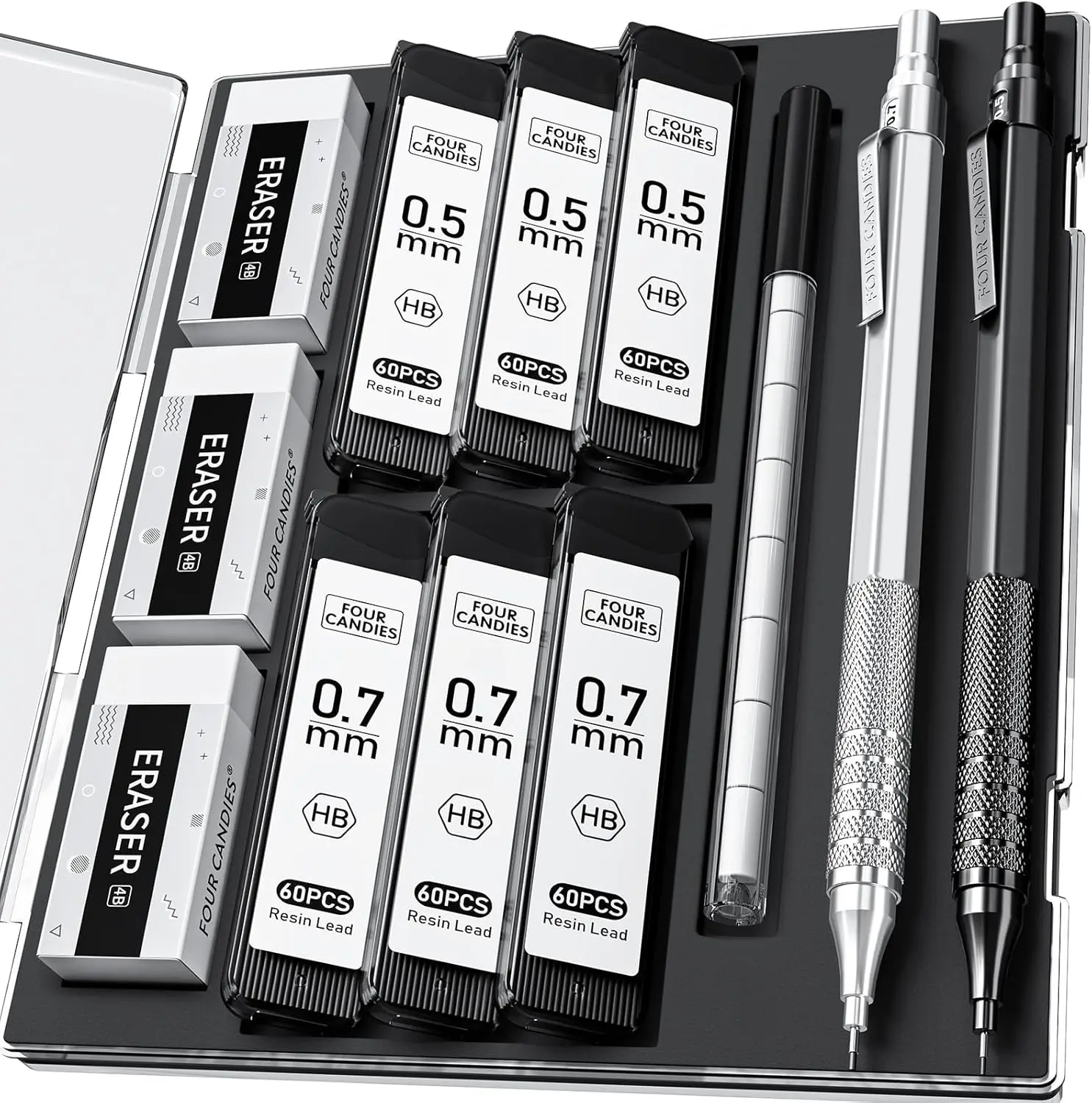 2PCS Metal Mechanical Pencils Set with Case, 0.5mm & 0.7mm, Includes 360PCS HB Leads and Erasers for Writing and Drawing
2PCS Metal Mechanical Pencils Set with Case, 0.5mm & 0.7mm, Includes 360PCS HB Leads and Erasers for Writing and Drawing