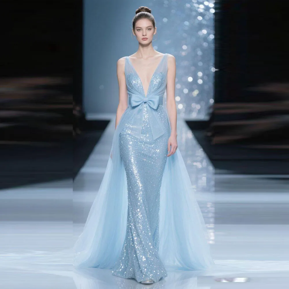 Bowknot Blue Evening Dresses Women V Neck Sleeveless Mermaid Floor Length Sweep Train Banquet Celebrity Female Gowns Exquisite
Bowknot Blue Evening Dresses Women V Neck Sleeveless Mermaid Floor Length Sweep Train Banquet Celebrity Female Gowns Exquisite
