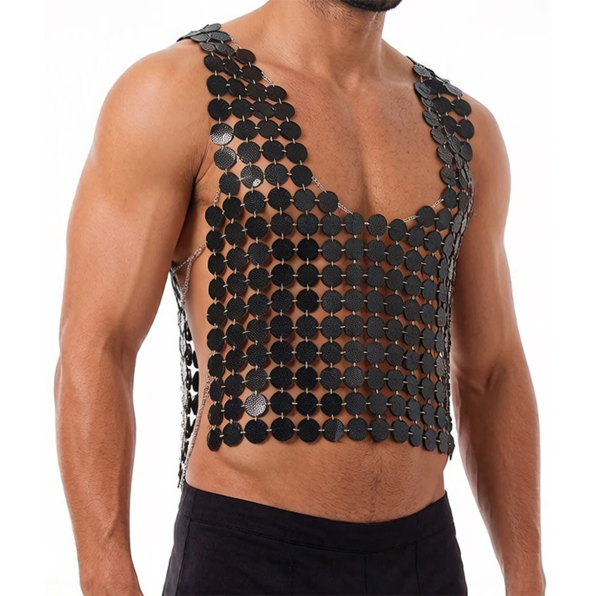 Sexy Shiny Crops Tops Men Metallic Faux Leather Sequins Vest Top Metal Chains Chest Harness Shiny Clubwear Erotic Costume
Sexy Shiny Crops Tops Men Metallic Faux Leather Sequins Vest Top Metal Chains Chest Harness Shiny Clubwear Erotic Costume