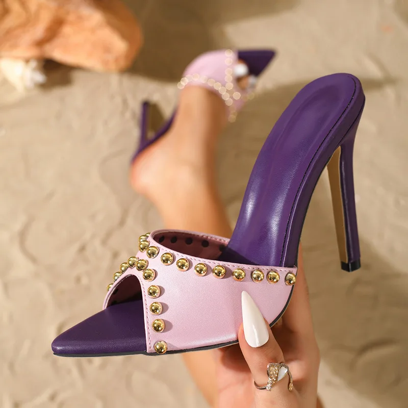 Women's Fashion Rivet Sandals Summer Color blocked Pointed Stiletto Slippers Fish Mouth Exposed Toes One Foot Stepping Sandals
Women's Fashion Rivet Sandals Summer Color blocked Pointed Stiletto Slippers Fish Mouth Exposed Toes One Foot Stepping Sandals