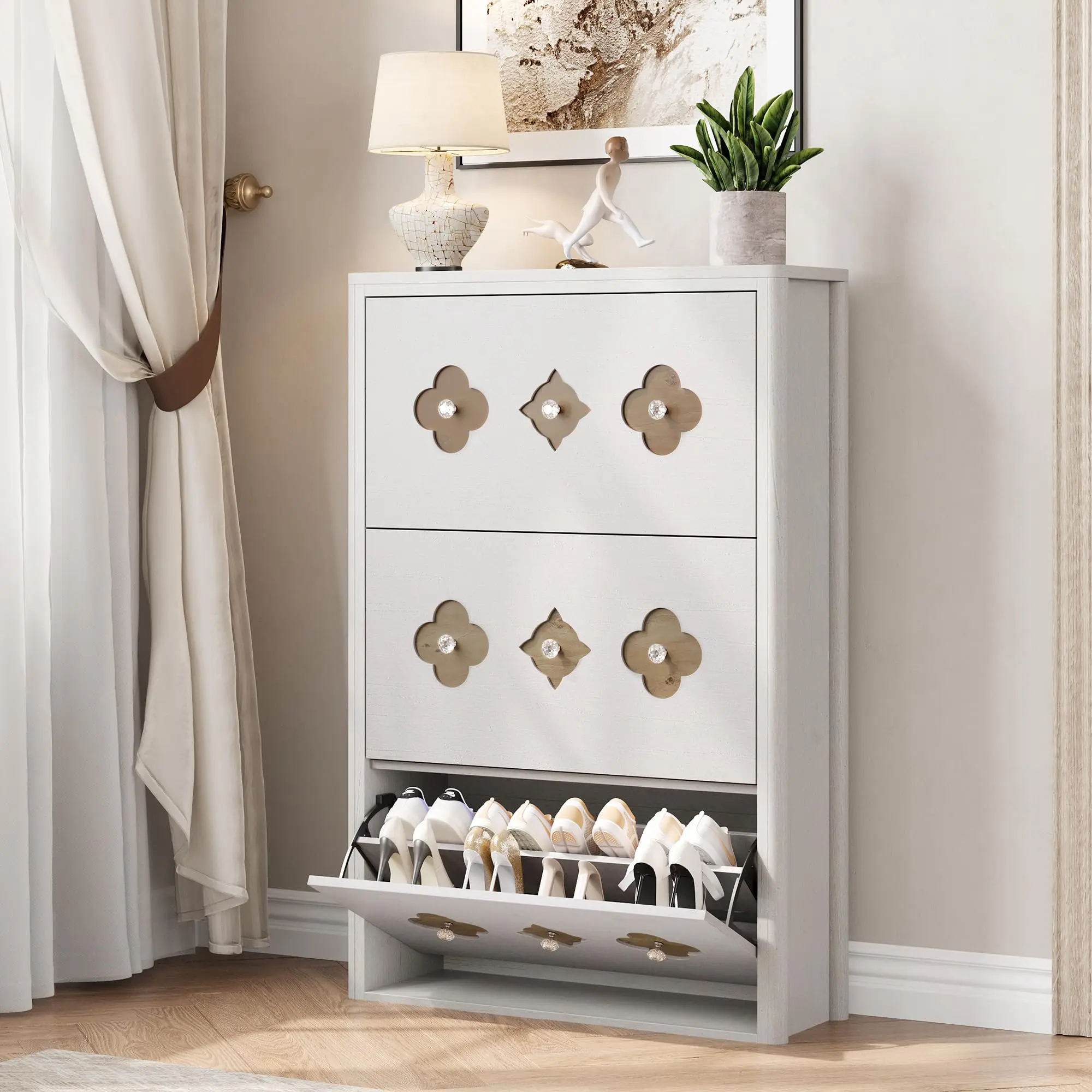 Antique White Wooden Shoe Organizer With 3 Flip Drawers, Carved Flower Knobs And Crystal Accents, Adjustable Shelf For Entryway
Antique White Wooden Shoe Organizer With 3 Flip Drawers, Carved Flower Knobs And Crystal Accents, Adjustable Shelf For Entryway