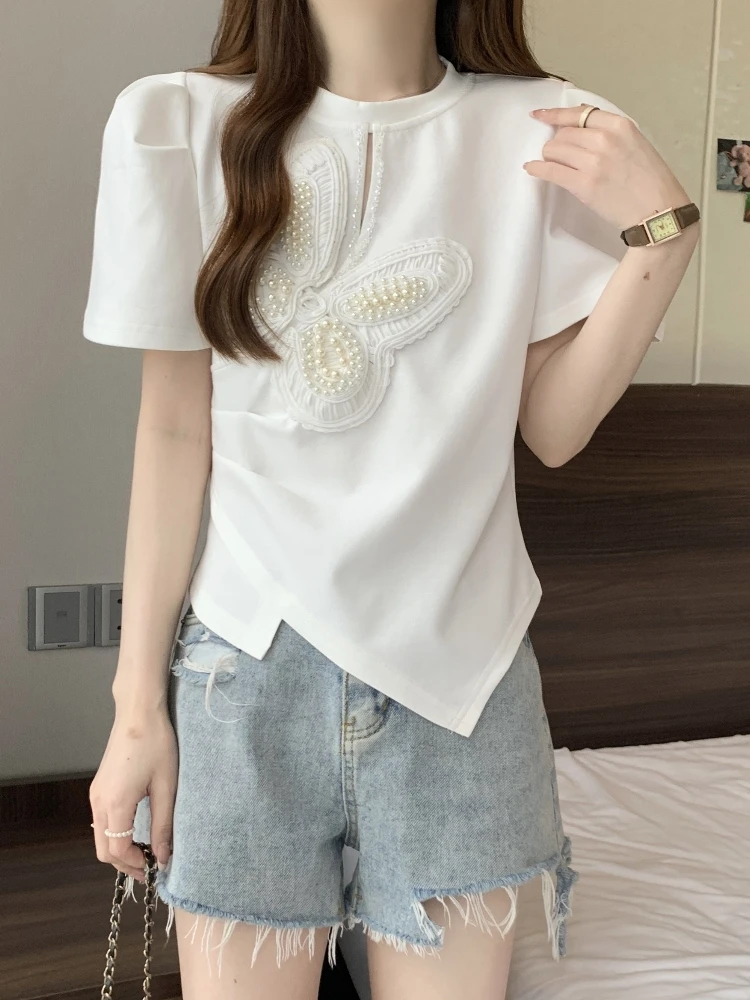 Summer Slimming Irregular Short Sleeve T-Shirt Women's Beautiful Embellished Knot Top Korean Style Commute Fashion
Summer Slimming Irregular Short Sleeve T-Shirt Women's Beautiful Embellished Knot Top Korean Style Commute Fashion