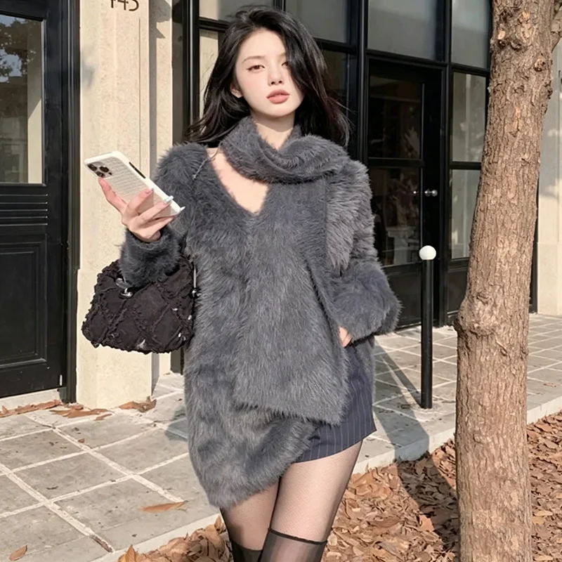 Y2K Women's gray Fuzzy Knit Sweater New V Neck Detachable Scarf Warm Jumper Sweater Long Sleeve Oversized Casual Pullover Tops
Y2K Women's gray Fuzzy Knit Sweater New V Neck Detachable Scarf Warm Jumper Sweater Long Sleeve Oversized Casual Pullover Tops