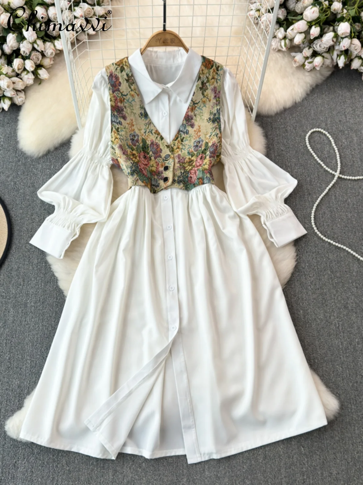 Lantern Long Sleeve Lapel High Waist Single-Breasted A- line Shirt Dress V-neck Printed Vest 2 Piece Sets Women Outfits Casual
Lantern Long Sleeve Lapel High Waist Single-Breasted A- line Shirt Dress V-neck Printed Vest 2 Piece Sets Women Outfits Casual