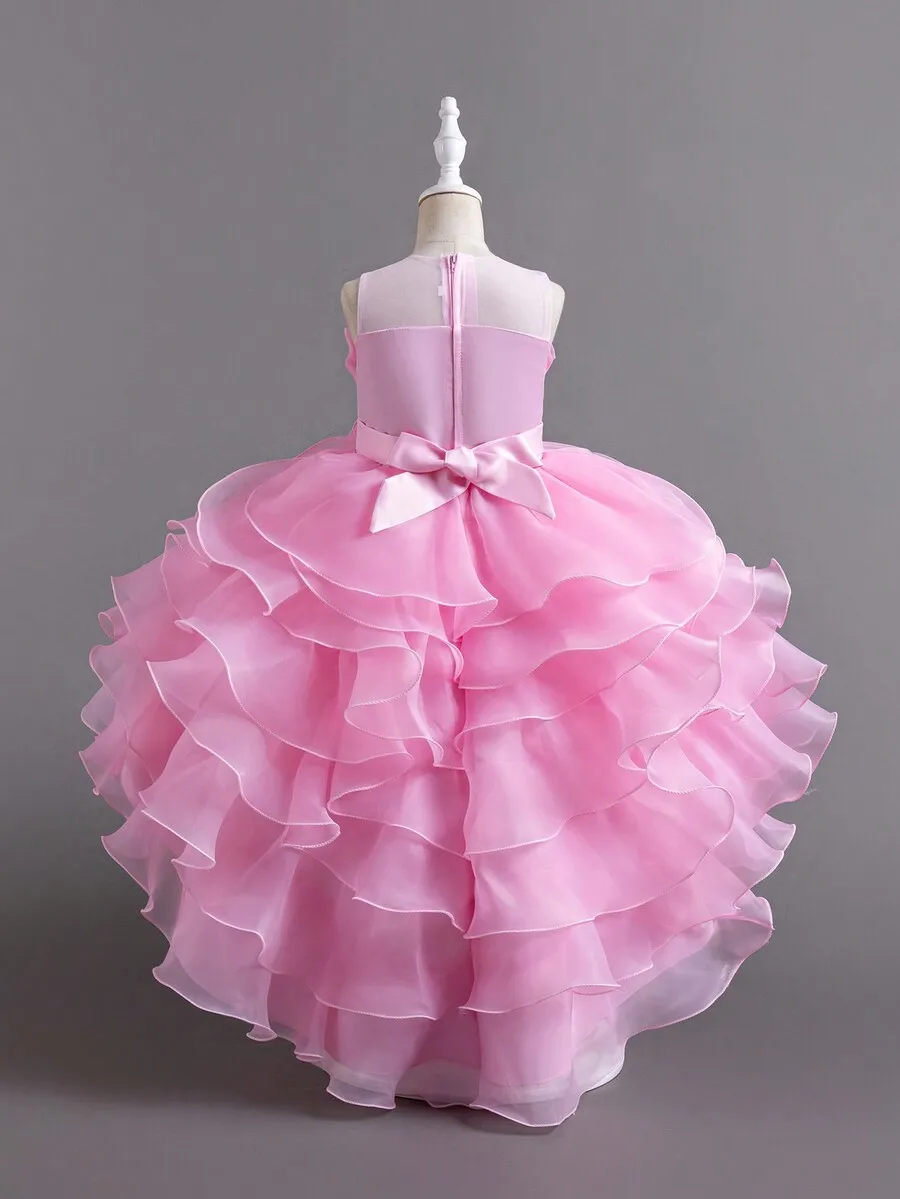 Pink Multilayer Tulle Ruffle Ball Gown Dress With Bow Back For Formal Events
Pink Multilayer Tulle Ruffle Ball Gown Dress With Bow Back For Formal Events