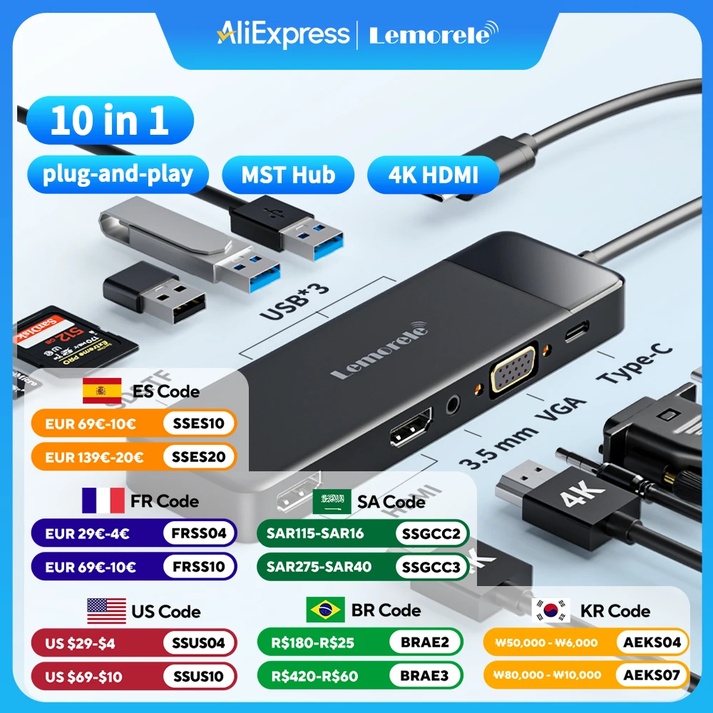 Lemorele USB-C Hub 10Ports Docking Station USB Type C to Dual HDMI 4K 30Hz VGA USB 3.0 Adapter PD100W SD Card Reader for MacBook
Lemorele USB-C Hub 10Ports Docking Station USB Type C to Dual HDMI 4K 30Hz VGA USB 3.0 Adapter PD100W SD Card Reader for MacBook