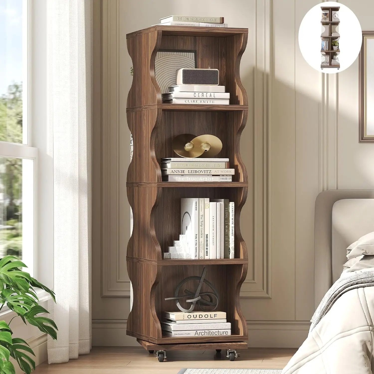 4 Tier Rotating Corner Bookshelf 360° Swivel Storage Walnut Small Space Living Room Bedroom Office, Customized
4 Tier Rotating Corner Bookshelf 360° Swivel Storage Walnut Small Space Living Room Bedroom Office, Customized