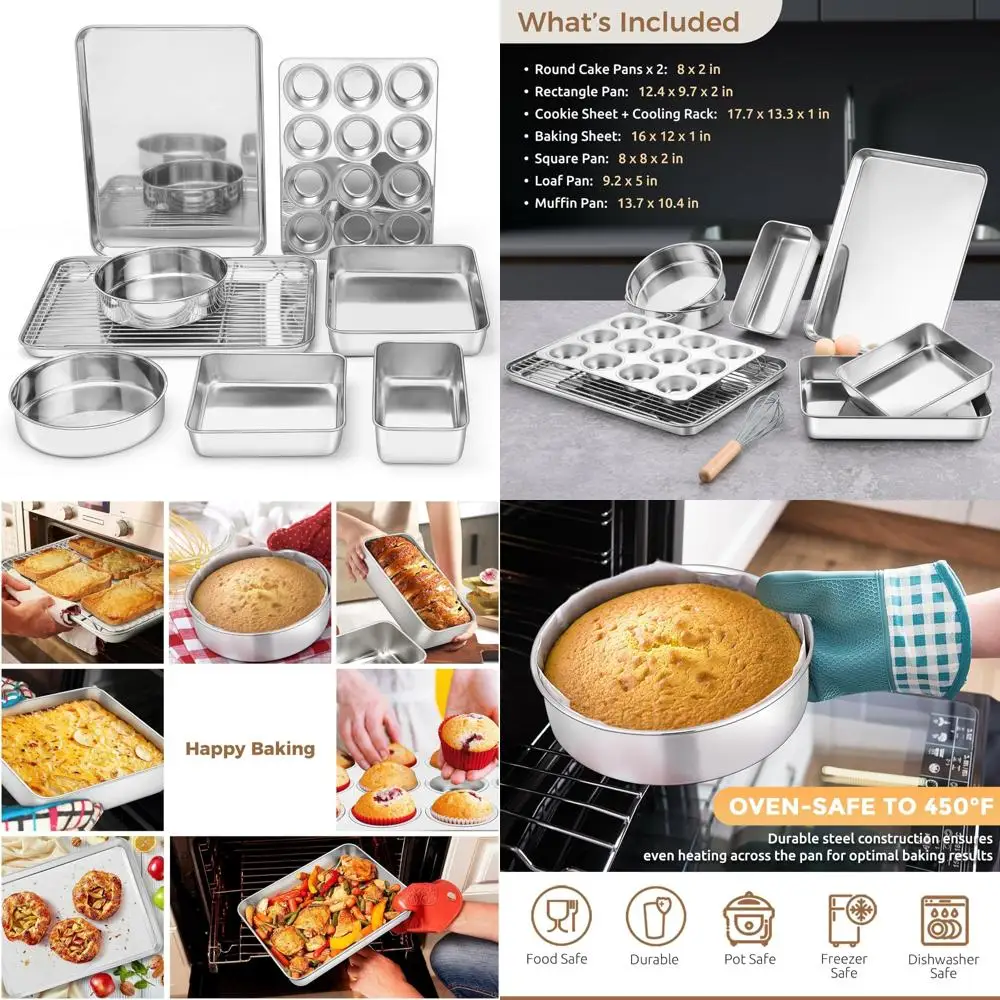 e-far 9-piece baking pan set, stainless steel bakeware sets for sheet cake cookie loaf muffin, include baking sheet, round squar
e-far 9-piece baking pan set, stainless steel bakeware sets for sheet cake cookie loaf muffin, include baking sheet, round squar