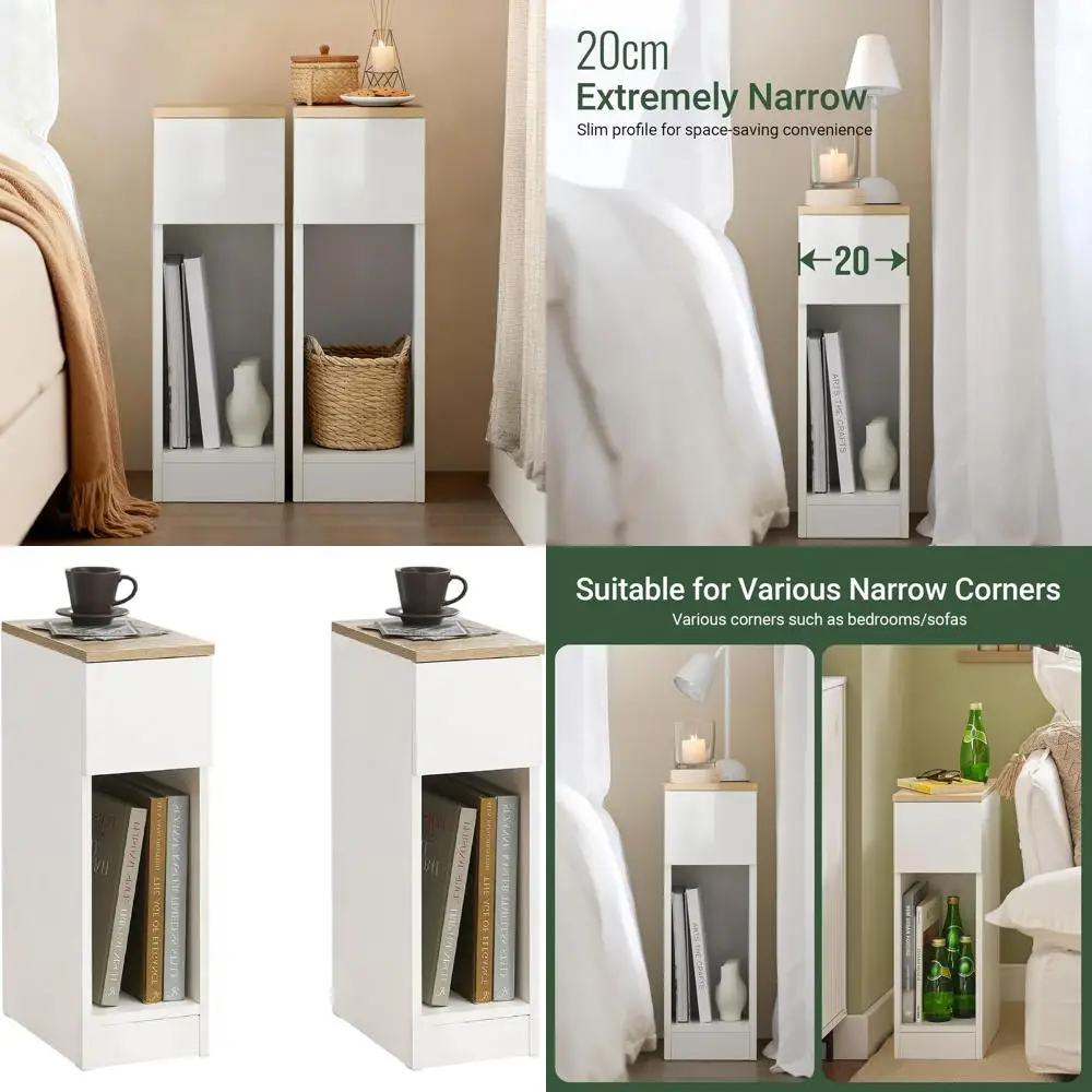 Modern Slim Nightstand Set - White & Natural, Storage Cabinet with Sliding Drawer and Open Shelf
Modern Slim Nightstand Set - White & Natural, Storage Cabinet with Sliding Drawer and Open Shelf