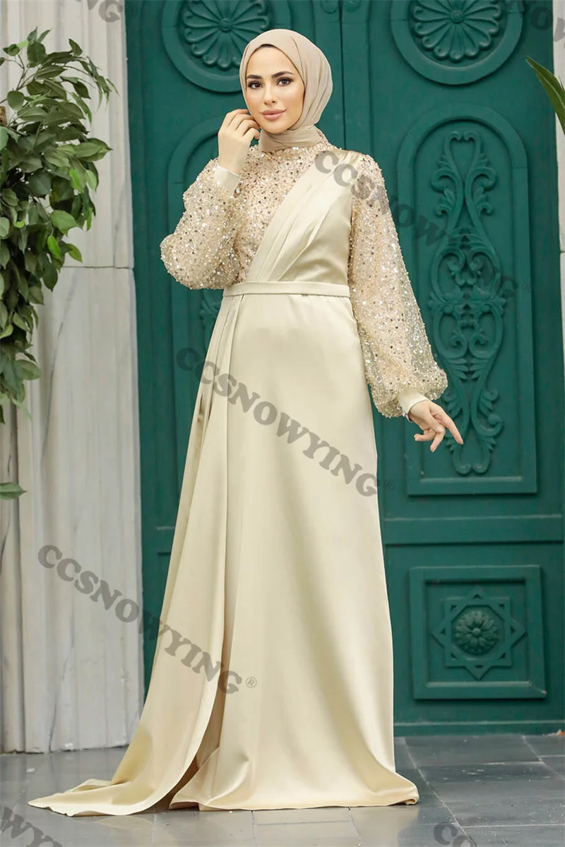 Satin Sequin Beaded Muslim Evening Dress Long Sleeve Hijab Islamic Prom Formal Party Gown Arabic Dubai Women Robes De Soirée
Satin Sequin Beaded Muslim Evening Dress Long Sleeve Hijab Islamic Prom Formal Party Gown Arabic Dubai Women Robes De Soirée