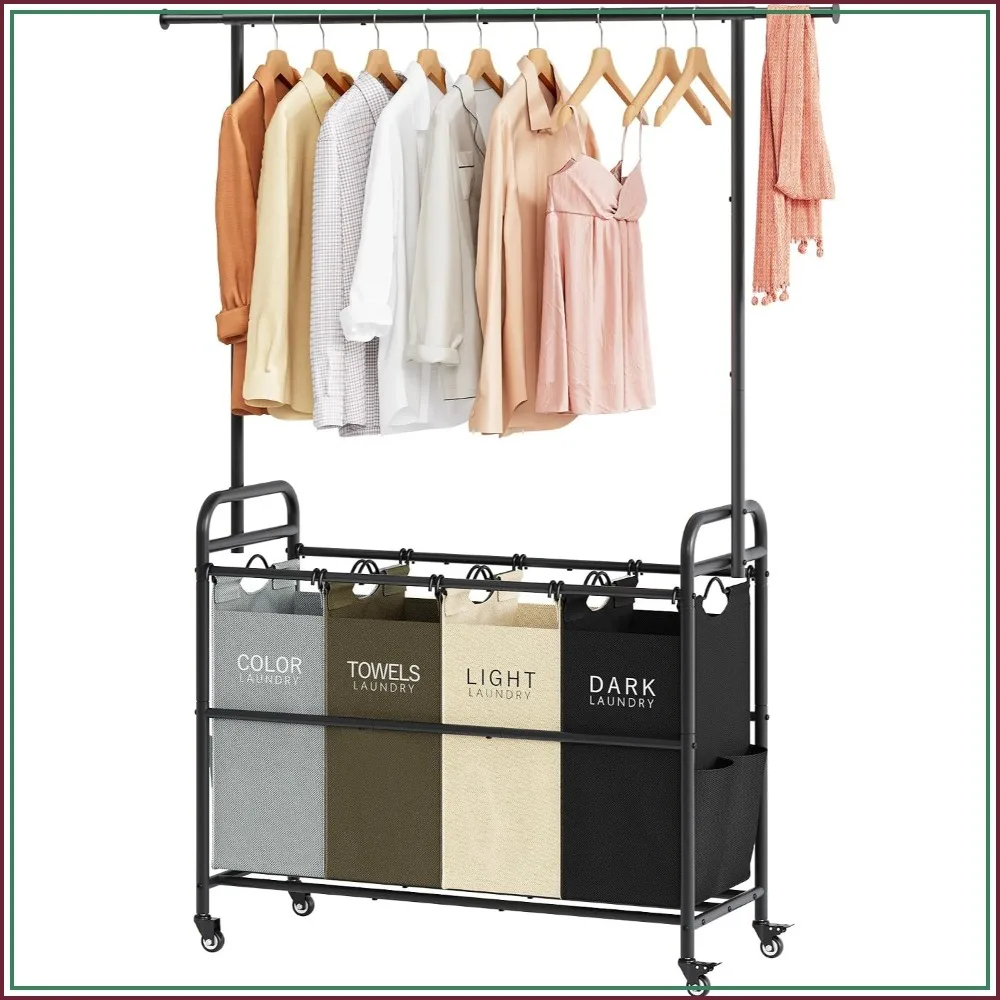 Laundry Sorter Cart with Hanging Rack, 4-Bag Hamper Organizer, Heavy Duty Rolling Lockable Wheels, 4 Colors
Laundry Sorter Cart with Hanging Rack, 4-Bag Hamper Organizer, Heavy Duty Rolling Lockable Wheels, 4 Colors