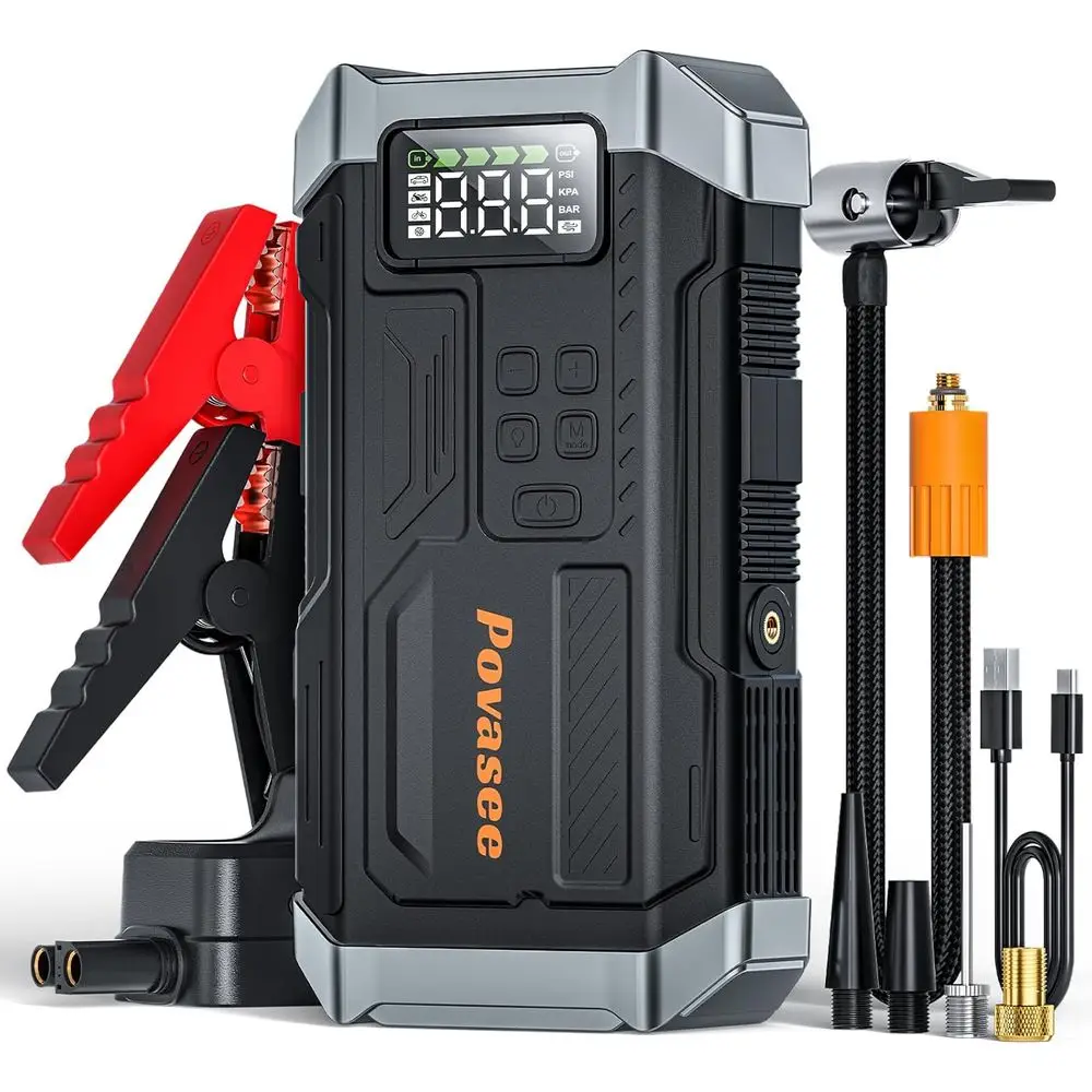 Portable 12V Jump Starter with Air Compressor, 150PSI Tire Inflator, LCD Display & Flashlight for Gas/Diesel Engines
Portable 12V Jump Starter with Air Compressor, 150PSI Tire Inflator, LCD Display & Flashlight for Gas/Diesel Engines