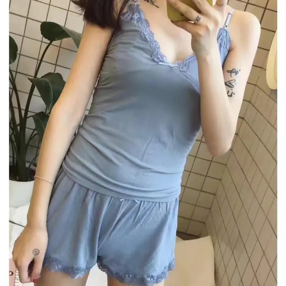 Sexy Lace Sleepwear Set Women's Thin Home Comfort Cotton Suit Spring Summer Sleeveless V-neck Underwear and Home Clothes
Sexy Lace Sleepwear Set Women's Thin Home Comfort Cotton Suit Spring Summer Sleeveless V-neck Underwear and Home Clothes