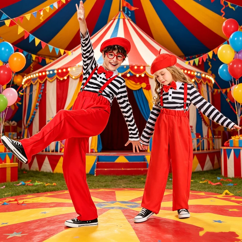 Enfant Black Striped Top Red Overalls Clown Cosplay Funny Stage Costume School Reading Week Party Performance Mädchen Junge Set
Enfant Black Striped Top Red Overalls Clown Cosplay Funny Stage Costume School Reading Week Party Performance Mädchen Junge Set