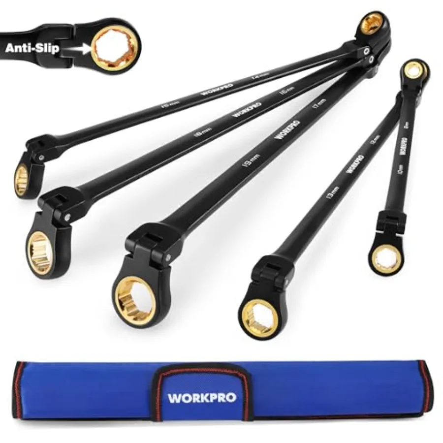 Extra Long Flex-Head Ratcheting Wrench Set 5-piece Anti-Slip Double Box Wrenches Set 8-19 mm 72-Teeth Cr-V Steel and Black Elec
Extra Long Flex-Head Ratcheting Wrench Set 5-piece Anti-Slip Double Box Wrenches Set 8-19 mm 72-Teeth Cr-V Steel and Black Elec