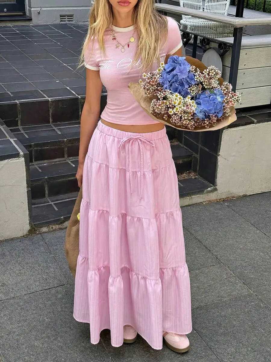 Women Solid Color High Waist Drawstring Ruffled Hem Maxi Skirt
Women Solid Color High Waist Drawstring Ruffled Hem Maxi Skirt