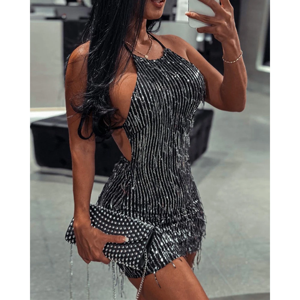 Women Sequin Tassel Design Round Neck-mounted Backless Sexy Mini Dress Femme y2k Summer Short Dresses Nightclub Party Vestidos
Women Sequin Tassel Design Round Neck-mounted Backless Sexy Mini Dress Femme y2k Summer Short Dresses Nightclub Party Vestidos